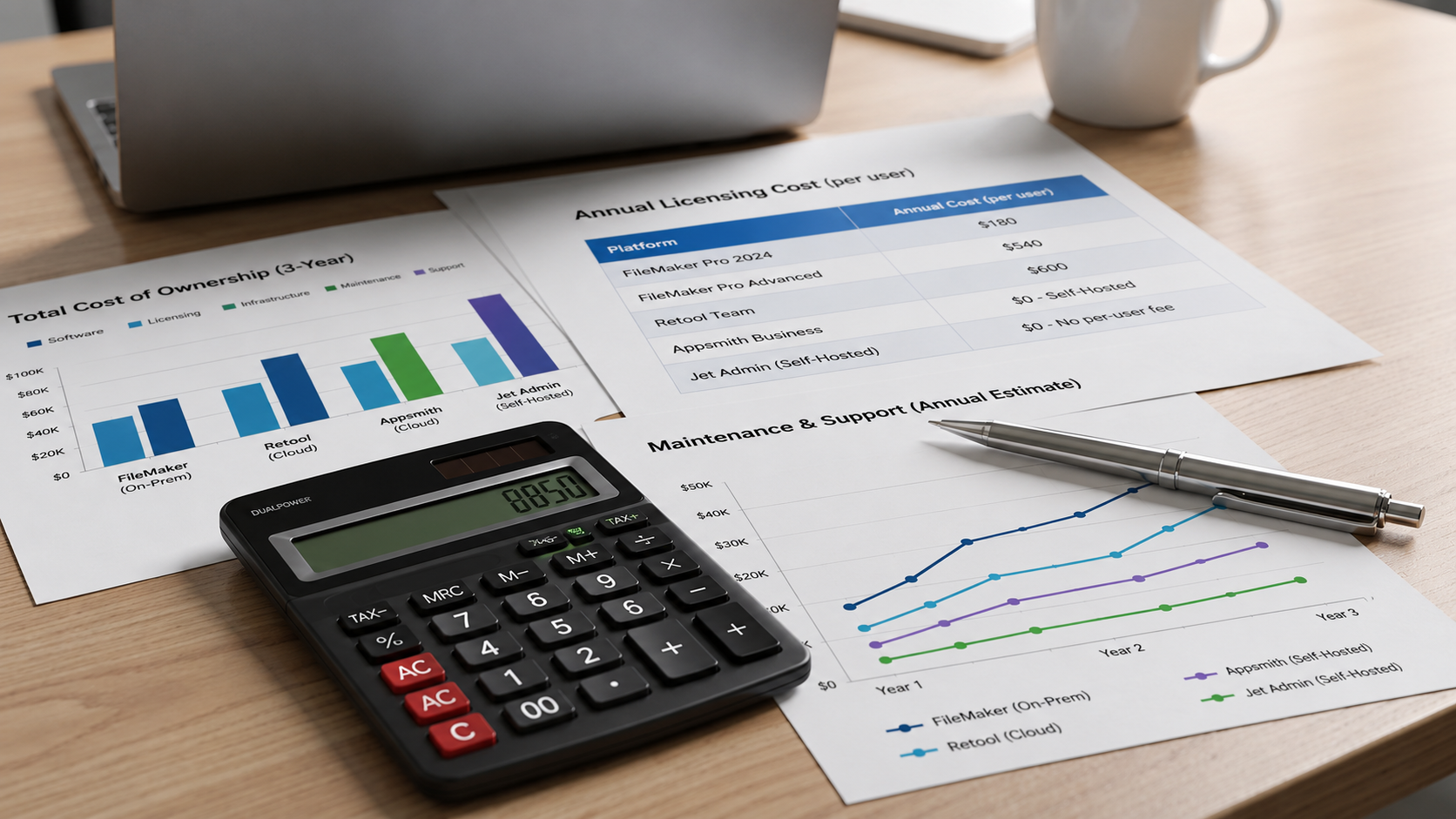 The image depicts a calculator alongside financial charts on a desk, symbolizing cost analysis and data management. This setup emphasizes the importance of tools like FileMaker Pro for creating custom applications and managing business processes effectively.