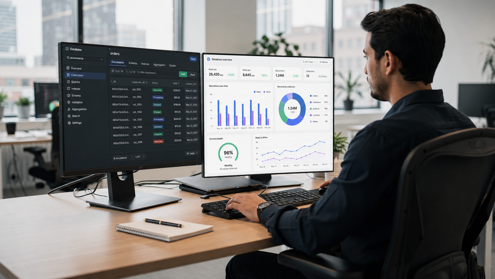 The image depicts a developer at a modern office desk, focused on dual monitors displaying MongoDB database tables and charts, highlighting database interactions and query performance. The setup reflects an intuitive interface for managing MongoDB data, showcasing advanced querying capabilities and visual tools for schema exploration.