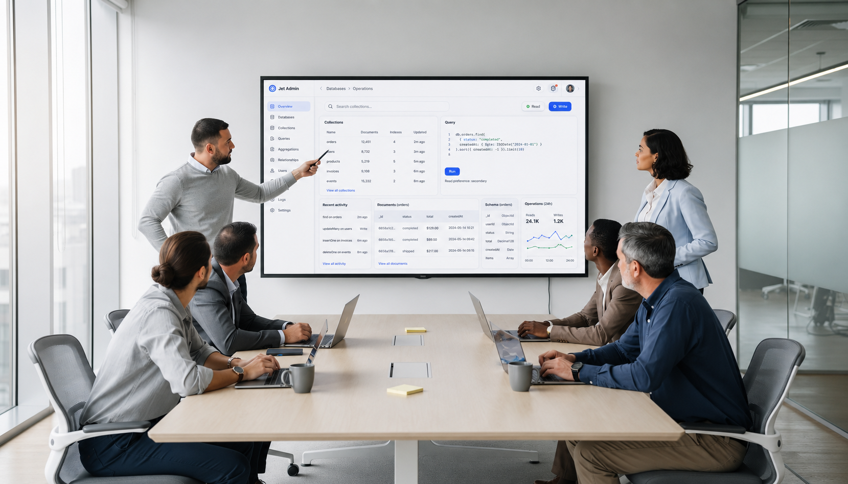 A diverse team of professionals is gathered in a bright conference room, intently observing a large screen displaying a shared dashboard that likely includes data visualizations and insights related to MongoDB operations. The environment suggests collaboration around database management and advanced querying, emphasizing the use of intuitive interfaces and modern MongoDB GUI tools.