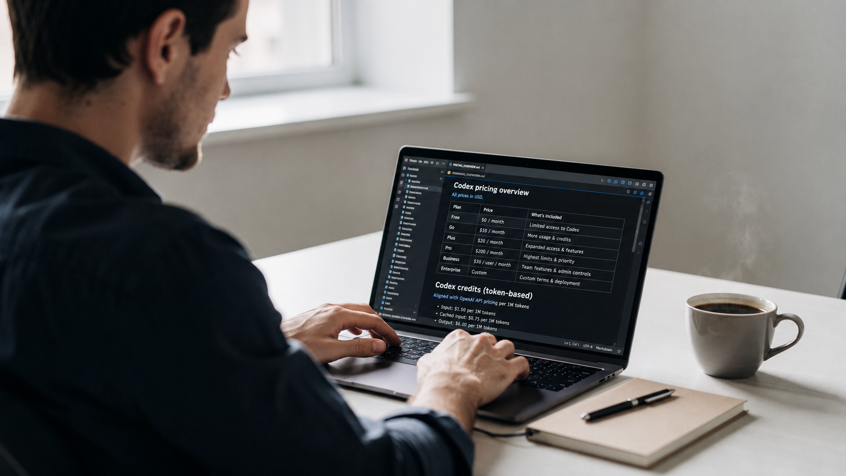 A developer is focused on reviewing code displayed on a laptop screen, with a steaming coffee cup placed nearby, all set in a tidy workspace. This environment supports efficient coding tasks and showcases the importance of a clean setting for productivity.