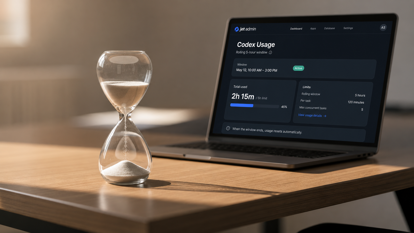 An elegant hourglass sits on a desk, bathed in soft lighting, symbolizing the concept of time-based usage, reminiscent of codex usage limits and token consumption in coding tasks. The serene atmosphere invites reflection on the importance of managing time effectively in programming and API interactions.