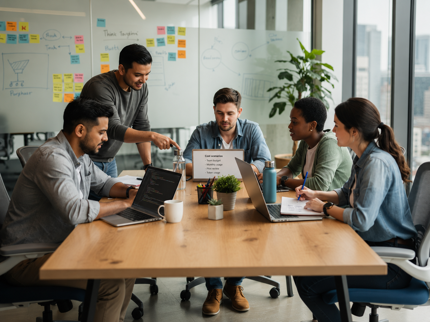 A diverse team of engineers collaborates around a table in a modern office, each working on laptops as they tackle coding tasks together. The environment reflects a focus on efficiency and innovation, likely discussing aspects of codex usage and project planning.