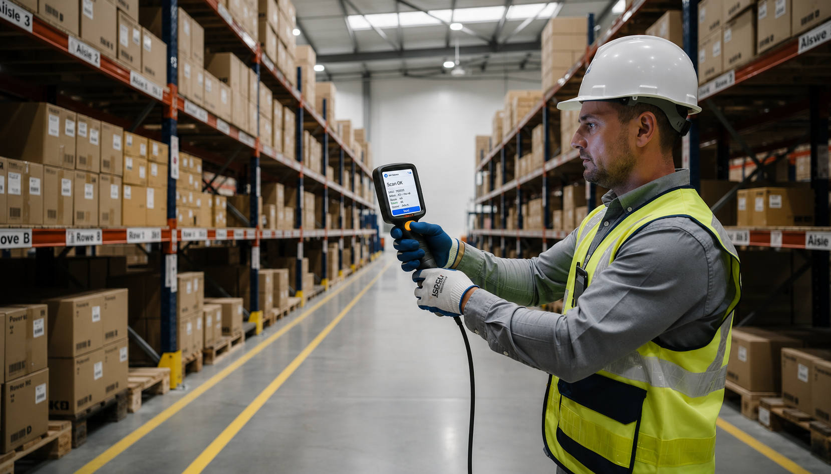 The image depicts a well-organized warehouse featuring labeled shelving units, with a worker actively using a handheld scanner to track inventory among neatly stacked boxes. This efficient inventory management setup highlights the importance of maintaining optimal stock levels and streamlining operations for businesses.