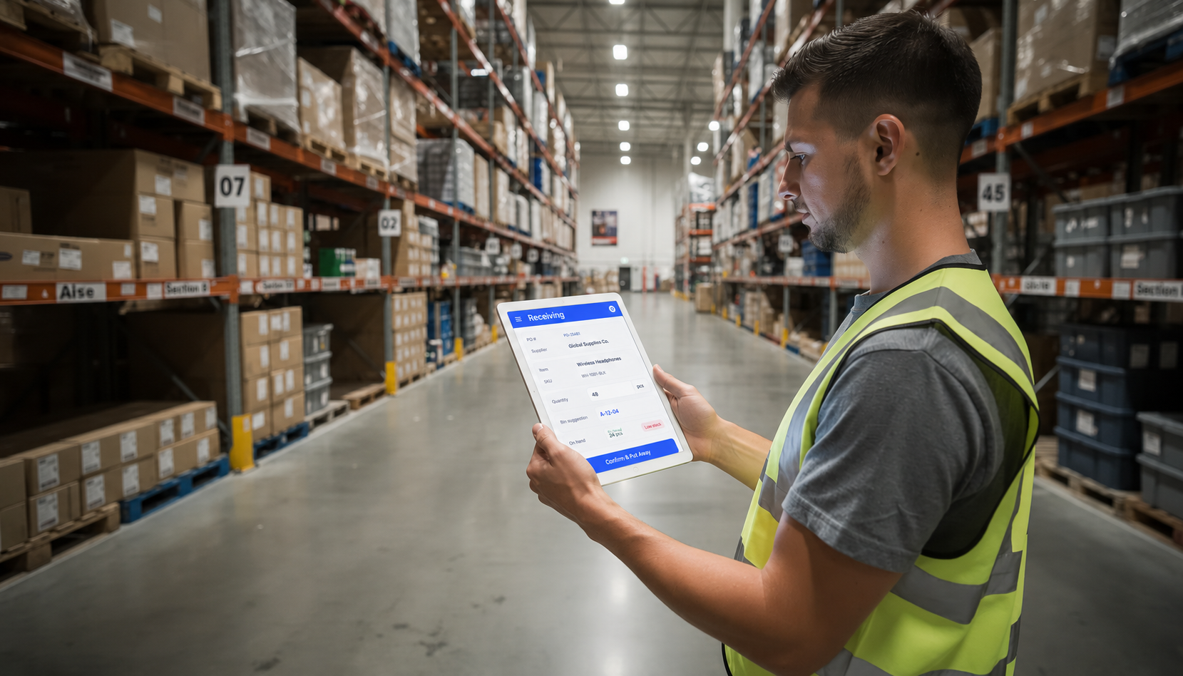 A person stands in a warehouse aisle, holding a tablet device while surrounded by tall shelving units filled with various inventory items. This scene illustrates the importance of efficient inventory management and tracking, showcasing how technology can streamline operations in a busy warehouse environment.