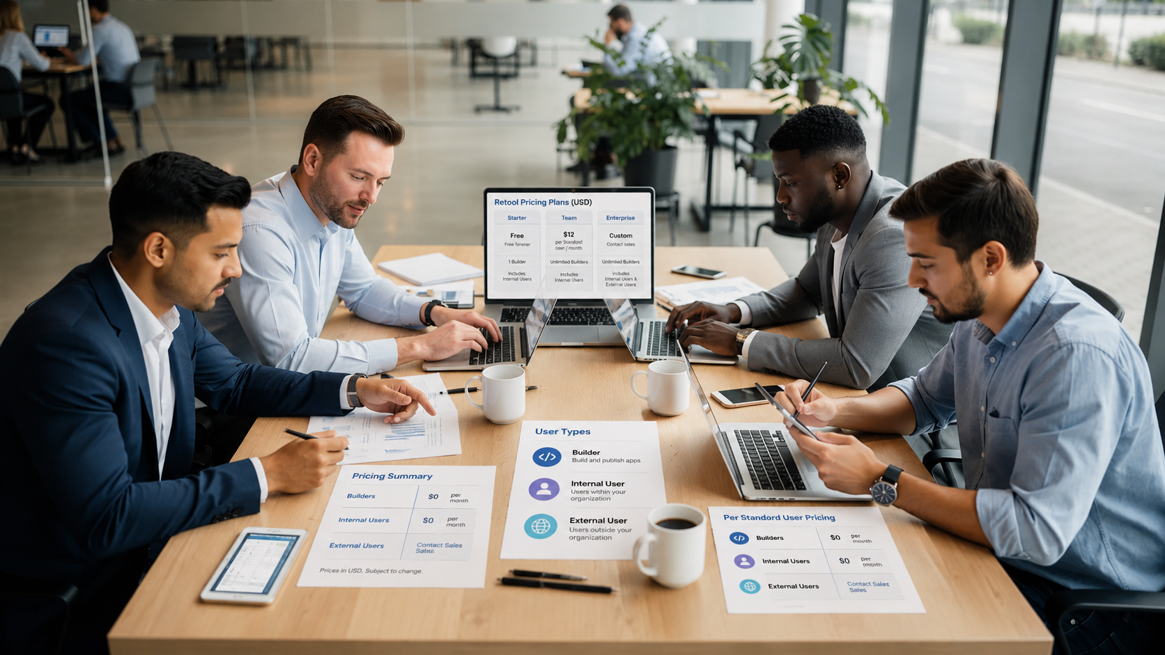 The image depicts a diverse team of professionals gathered around a shared workspace table, actively reviewing documents and digital screens, suggesting collaboration on business plans and strategies. Their focus on teamwork highlights the importance of effective communication and collaboration tools in business and enterprise plans.