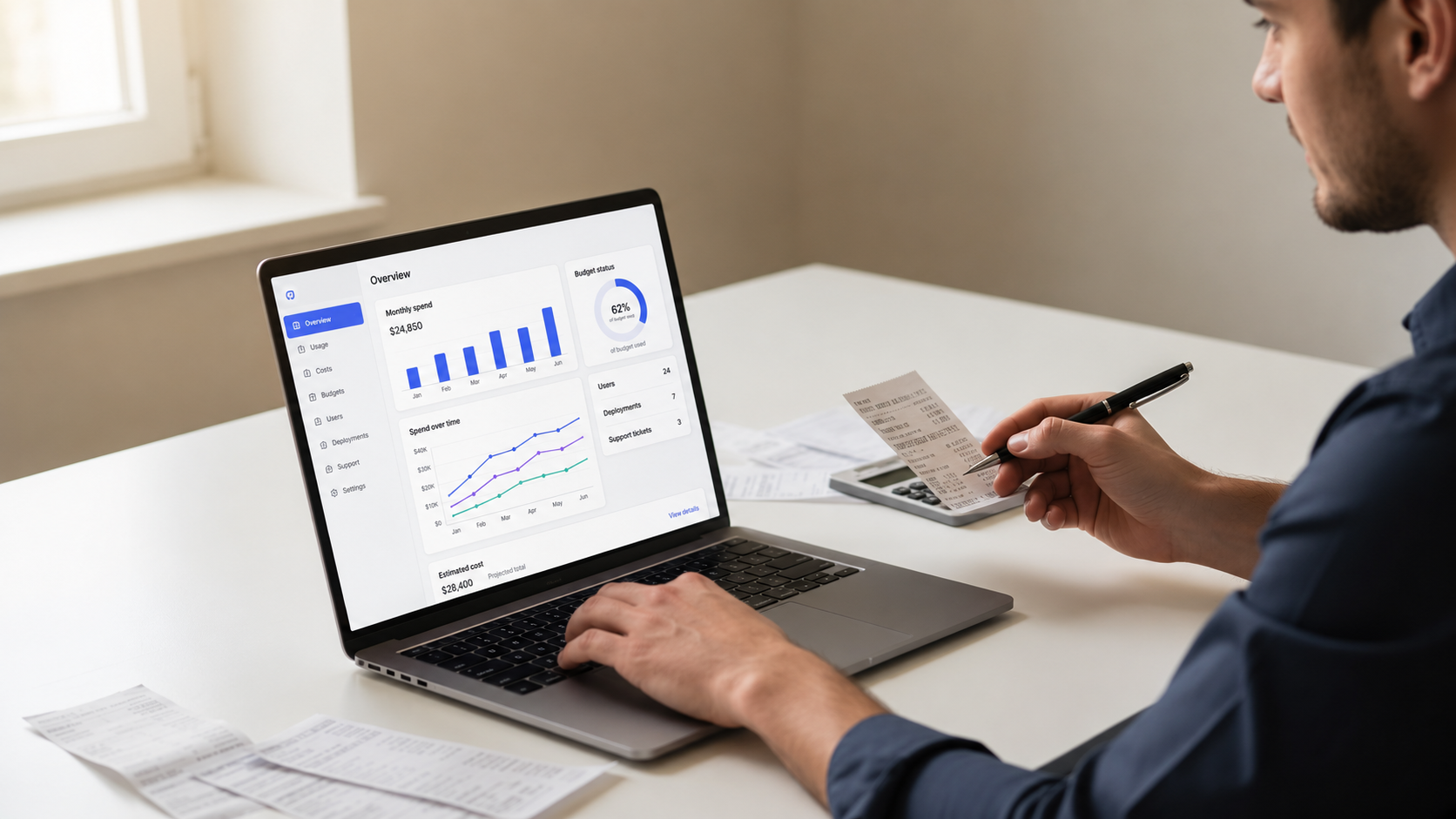 A person is focused on calculating expenses on a laptop, with financial charts displayed on the screen, illustrating various business and enterprise plans. The scene emphasizes the importance of understanding pricing structures and costs associated with tools like Retool for effective budget management.