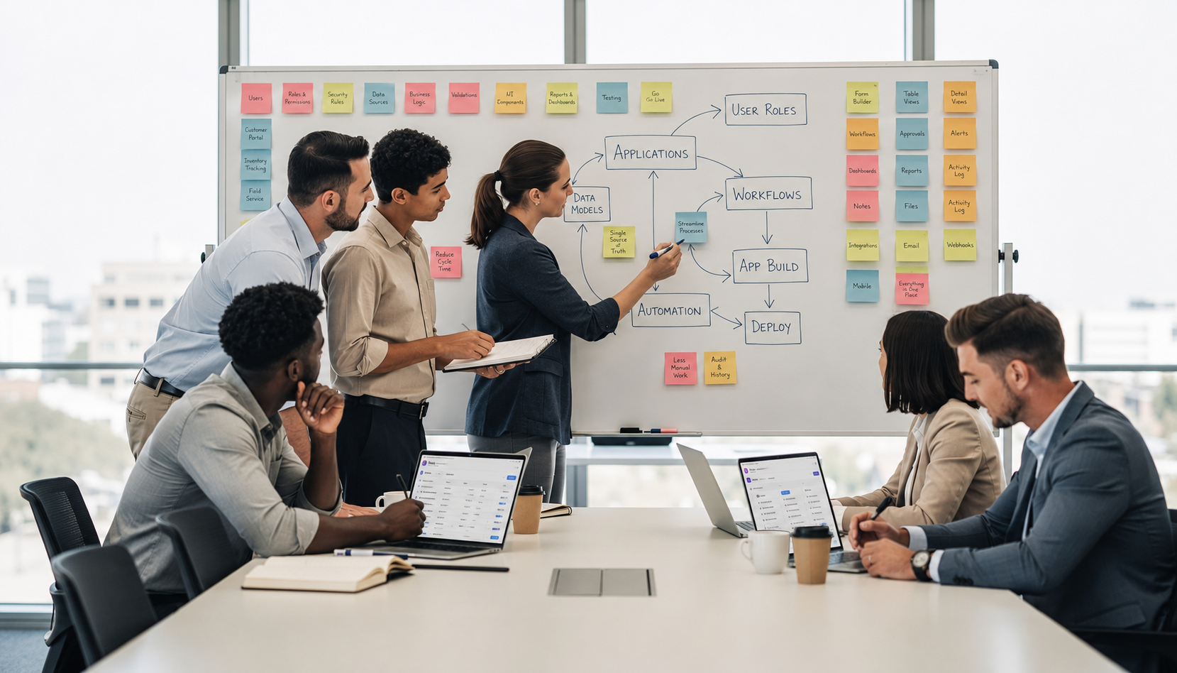 A diverse team is collaborating around a large whiteboard filled with colorful sticky notes and detailed workflow diagrams, discussing the creation of internal business apps and streamlining their business processes. This scene highlights the importance of teamwork in building effective internal tools and optimizing project management.