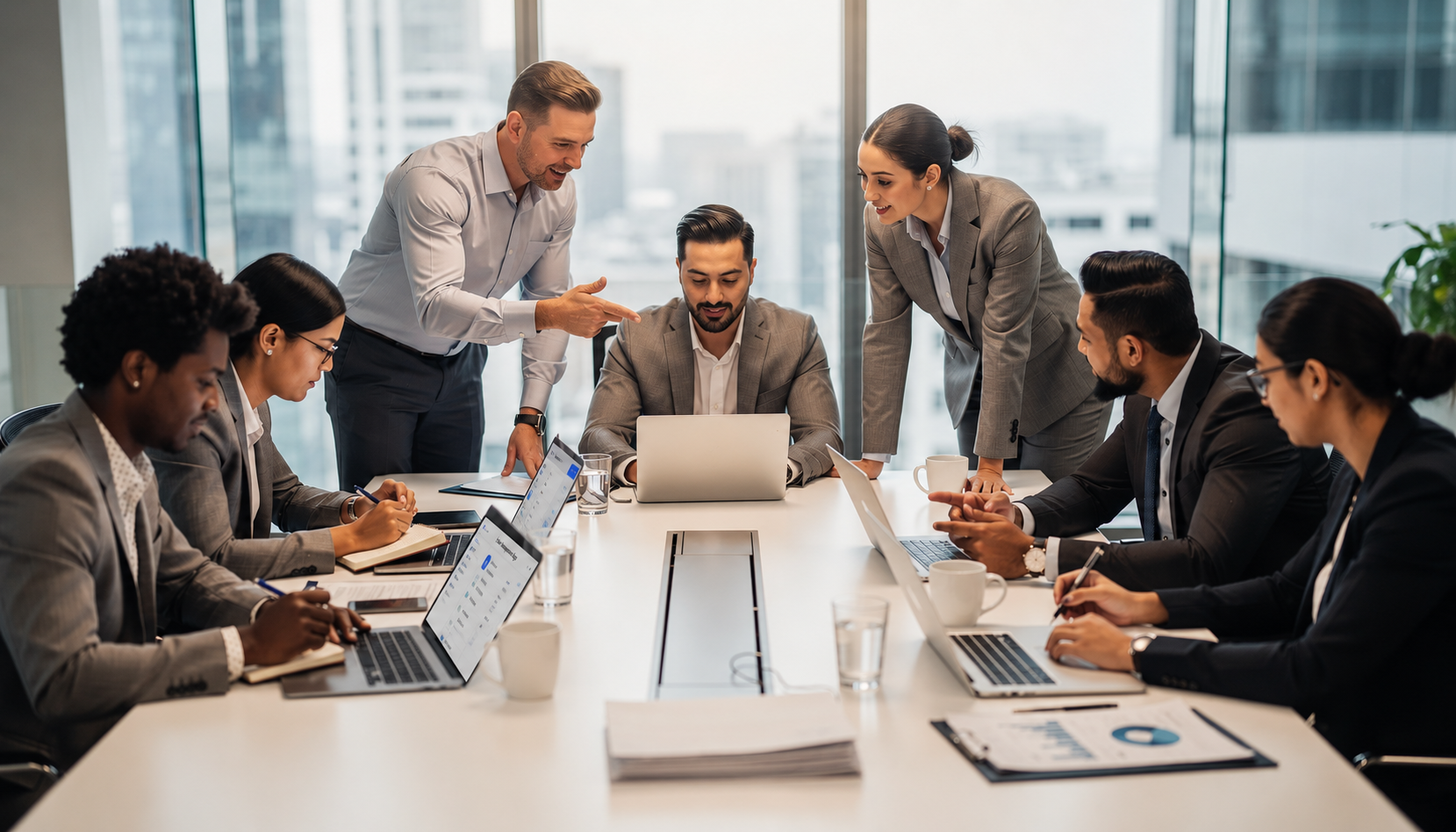 A diverse team of professionals is gathered around a conference table, using laptops and tablets to collaborate on a project, likely involving no code development tools. They are discussing how to create apps efficiently, utilizing drag and drop interfaces to build business apps without the need for traditional coding methods.