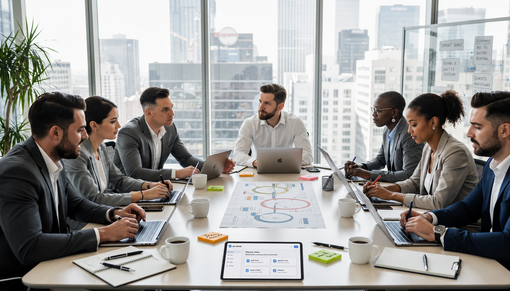 The image depicts a diverse team gathered around a conference table, actively discussing project plans while using laptops. They appear engaged in a collaborative environment, likely brainstorming ideas for mobile app development or internal tools, highlighting their focus on creating user-friendly solutions for both internal and external users.