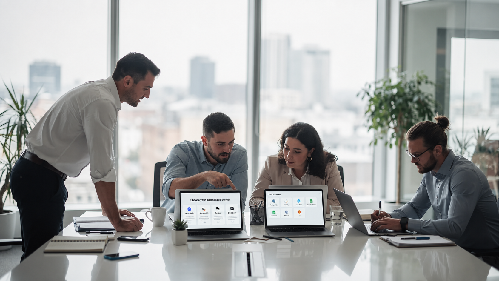 The image depicts a diverse team of engineers and business analysts collaborating around multiple laptop screens in a modern office environment, showcasing their teamwork in building custom applications and internal tools. They are engaged in discussions about low code platforms and workflow automation, highlighting their focus on developing efficient solutions for business process management.