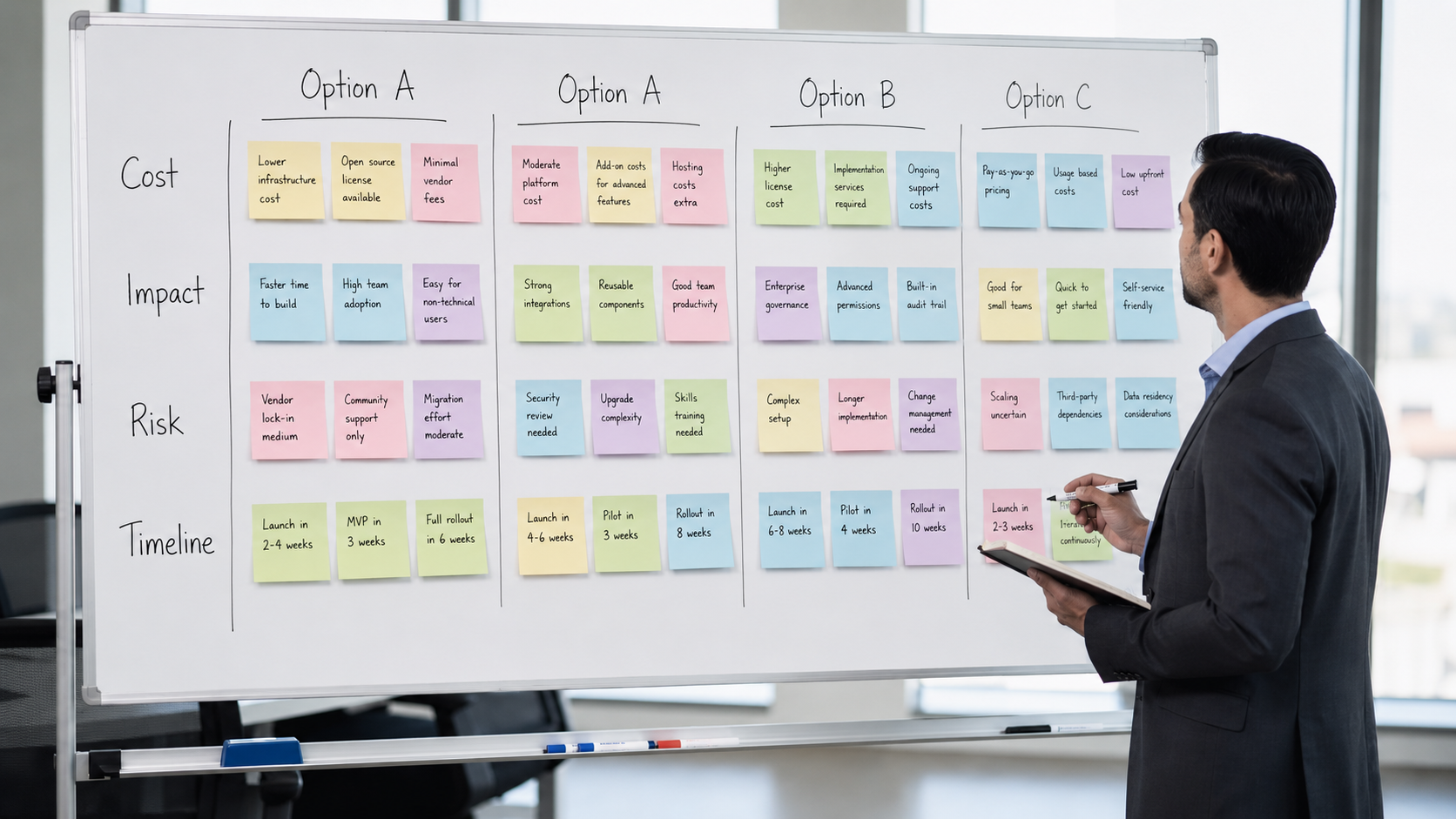 The image depicts a person standing in front of a whiteboard, carefully reviewing a decision matrix filled with sticky notes organized in columns. This scene illustrates the process of building internal tools, emphasizing the importance of business process management and the use of custom applications for effective decision-making.
