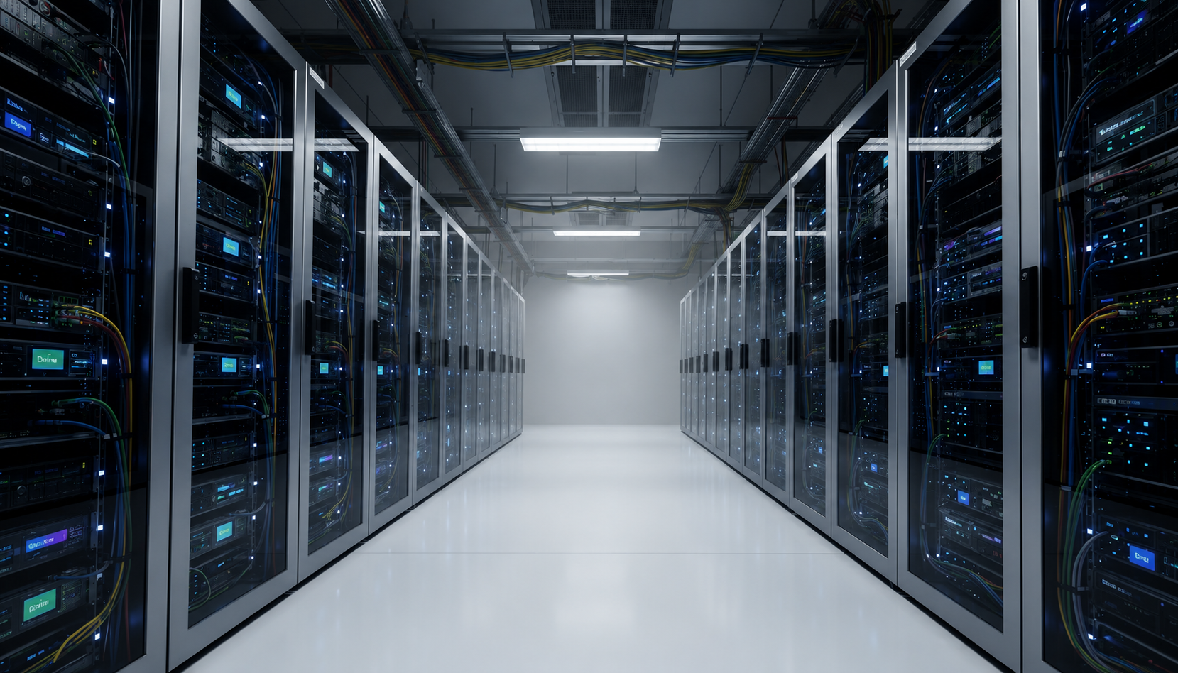 The image depicts a row of sleek server racks in a modern data center, illuminated by blue LED lighting that enhances the high-tech atmosphere. This environment is crucial for hosting various internal tools and applications, including those built on low code platforms like Budibase, which streamline app development and automate workflows.