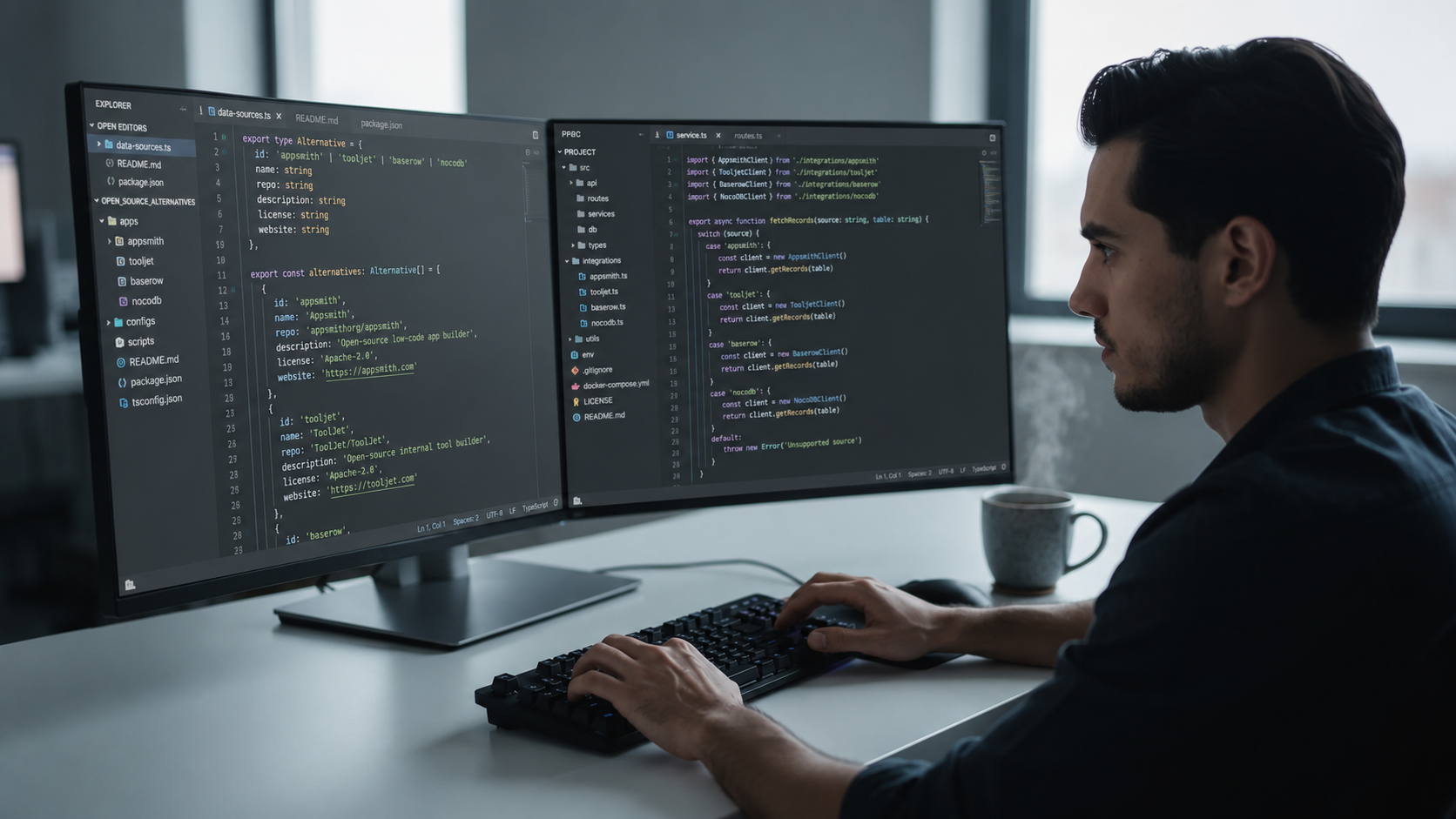A developer is seated at a dual-monitor setup, focused on writing custom code while a coffee mug rests beside the keyboard, symbolizing the development process of internal tools. The workspace reflects the use of low code platforms and advanced features for building complex business applications.