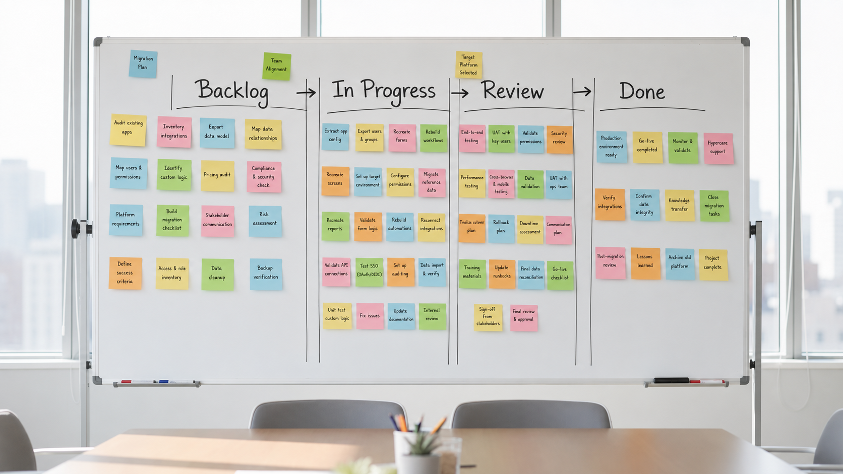 The image depicts a project planning whiteboard filled with colorful sticky notes organized in columns, set in a bright meeting room, which suggests a collaborative environment for teams to streamline their development process and manage complex business processes. This vibrant setup highlights the importance of internal tools and visual app building, essential for both technical and non-technical teams working on internal applications.