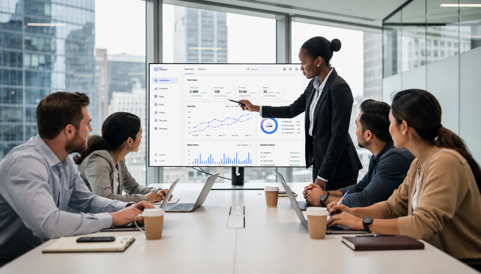 A diverse team of professionals is gathered around a large monitor in a modern office, reviewing a software dashboard that showcases key features for building internal tools. The scene highlights collaboration among technical and business teams as they discuss the development process and the benefits of low code platforms for managing complex business processes.