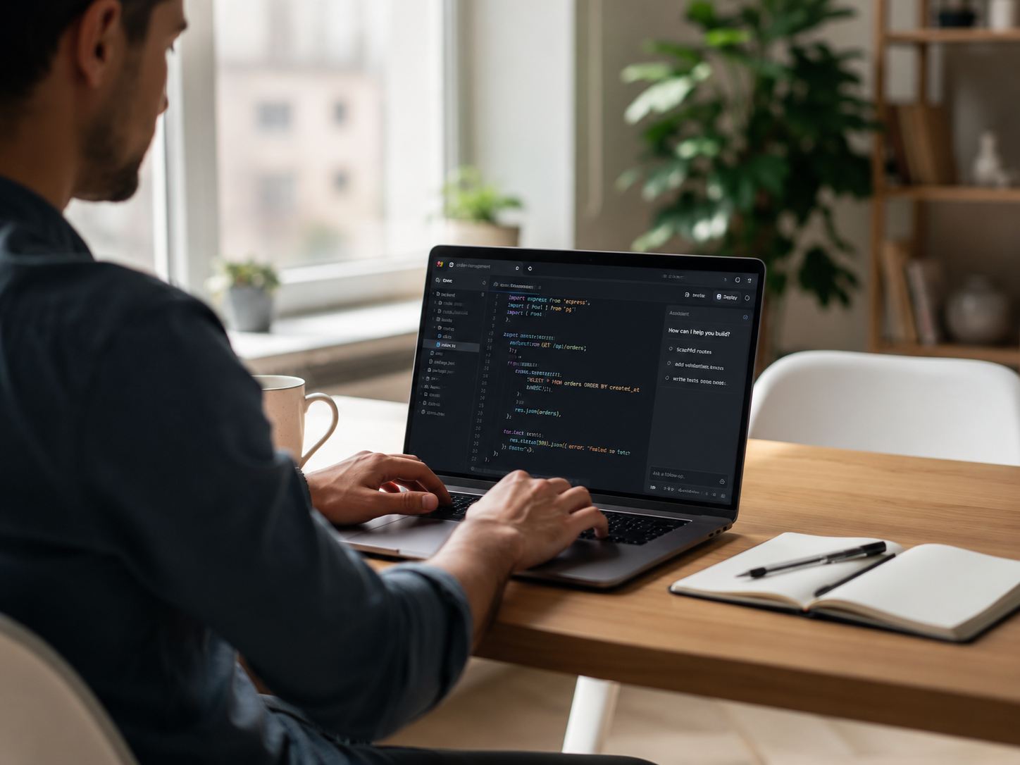 A person is focused on a laptop in a bright workspace, with lines of code visible on the screen, suggesting they are engaged in software development using tools like the Replit AI agent. The environment is vibrant and conducive to productivity, ideal for building web apps or managing multiple projects.