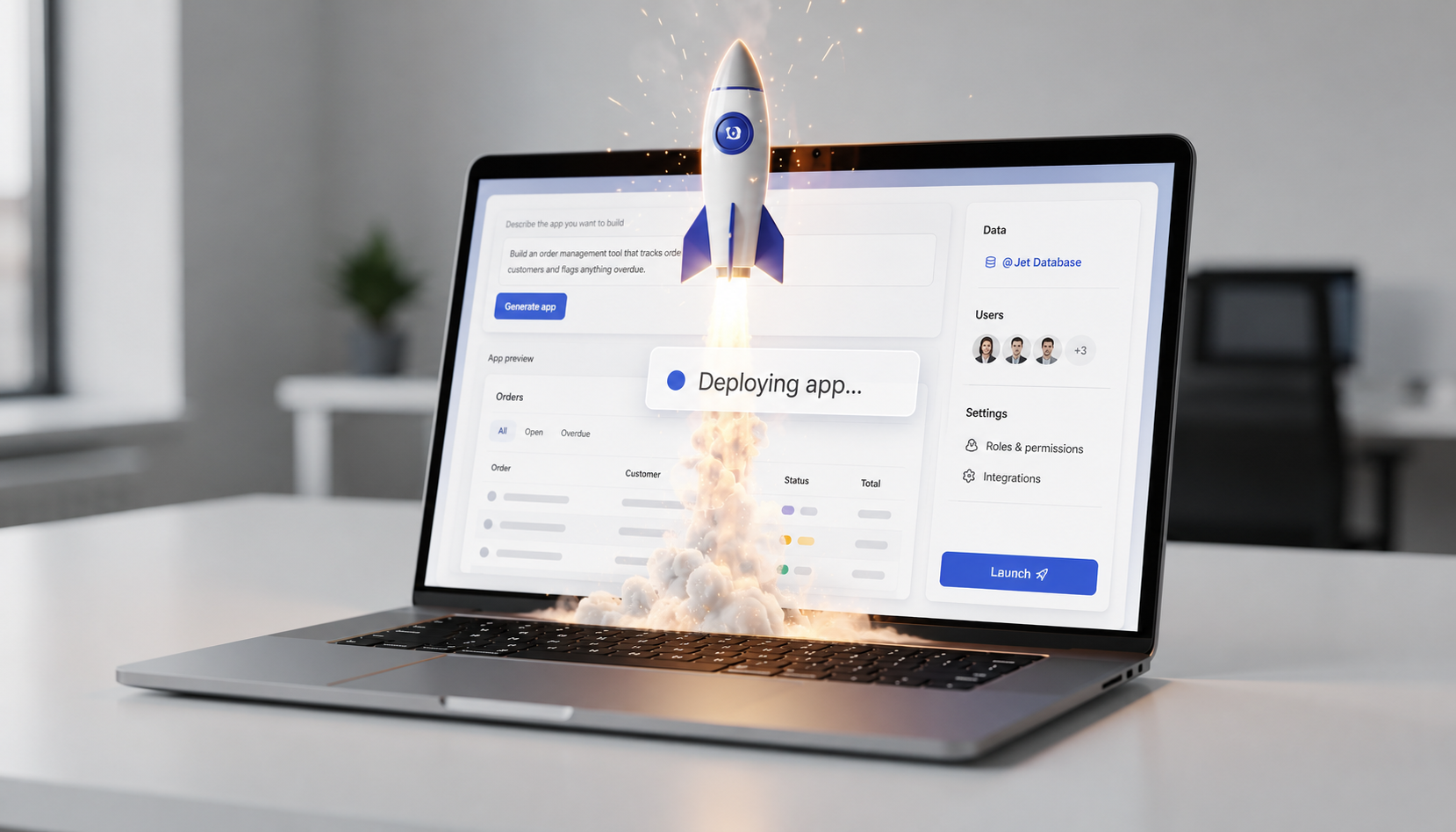 An illustration of a rocket launching from a laptop screen symbolizes fast app deployment, showcasing the power of Replit's AI tools and version control for efficient software development. This image represents the excitement of building web apps with real-time code suggestions and zero DNS setup.