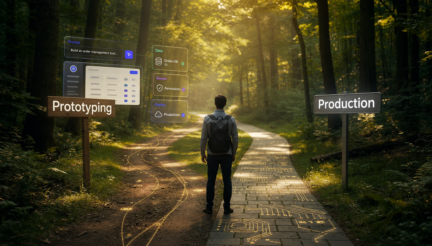The image depicts two diverging paths in a lush forest, symbolizing the choice between prototyping and production platforms in software development. One path represents the innovative journey of using tools like the Replit AI agent for building web apps, while the other leads to the structured process of managing projects and deployments with version control and community profiles.