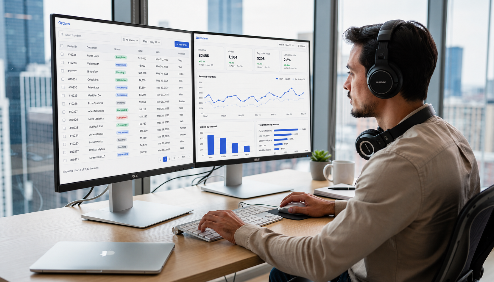 A developer is seated at a modern desk, focused on two monitors displaying various data tables and charts, indicative of analytics dashboards. The workspace reflects a professional atmosphere, ideal for managing projects and user accounts within an admin dashboard setup.