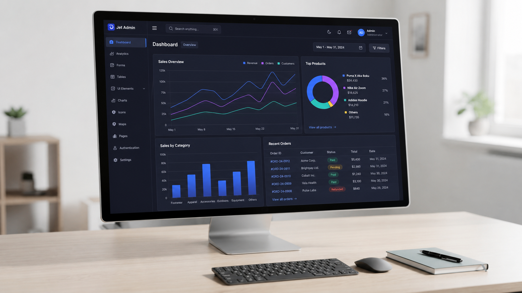 The image depicts a sleek, modern workspace featuring a monitor displaying a dark-themed admin dashboard interface filled with various graphs and data tables. This setup emphasizes data visualization and user-friendly design, ideal for project management and analytics tasks.