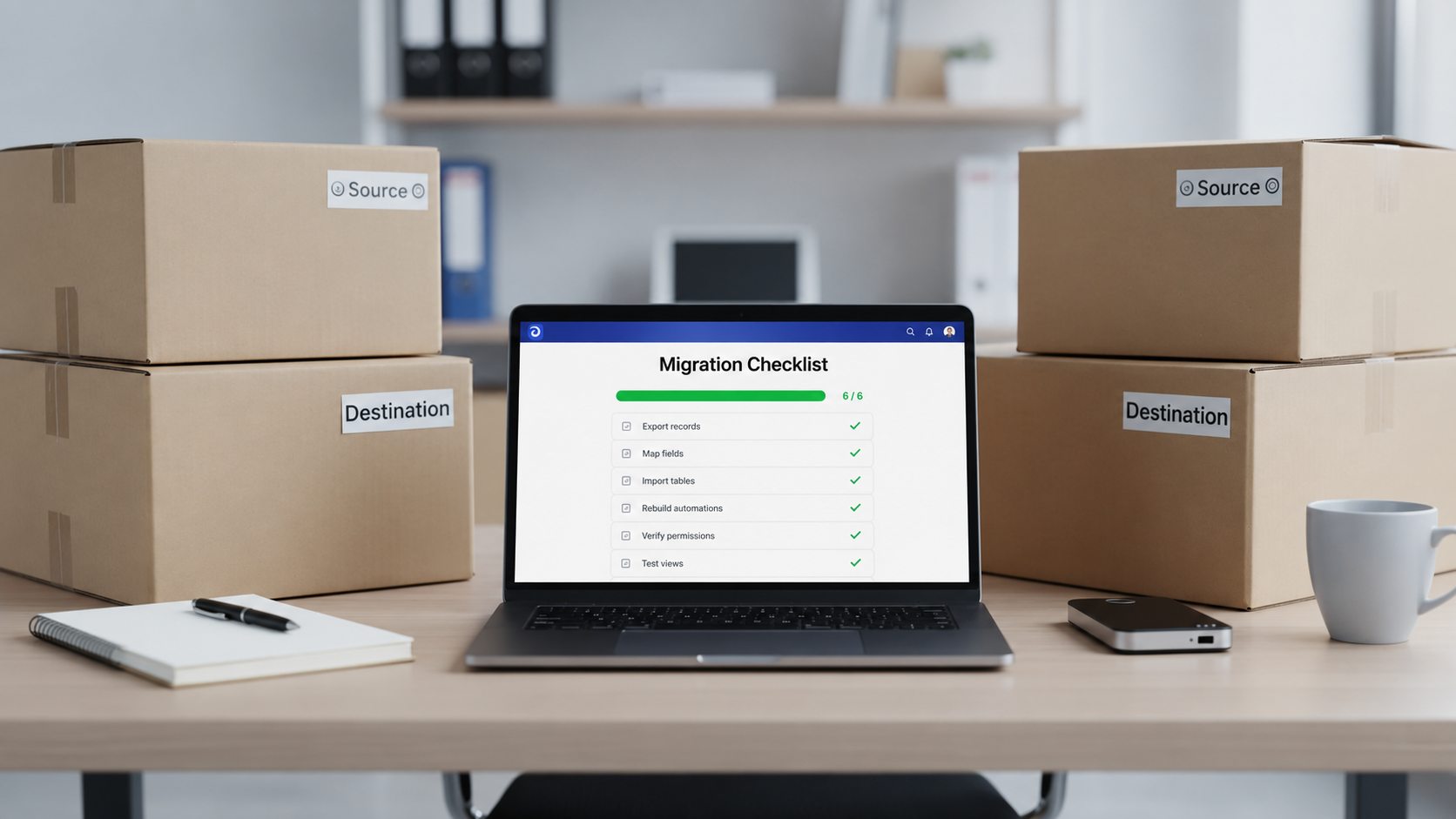 The image depicts an organized workspace featuring moving boxes and a laptop displaying a checklist, symbolizing the process of managing data migration between platforms. This setup highlights the importance of project management tools and task tracking in facilitating efficient team collaboration during complex projects.