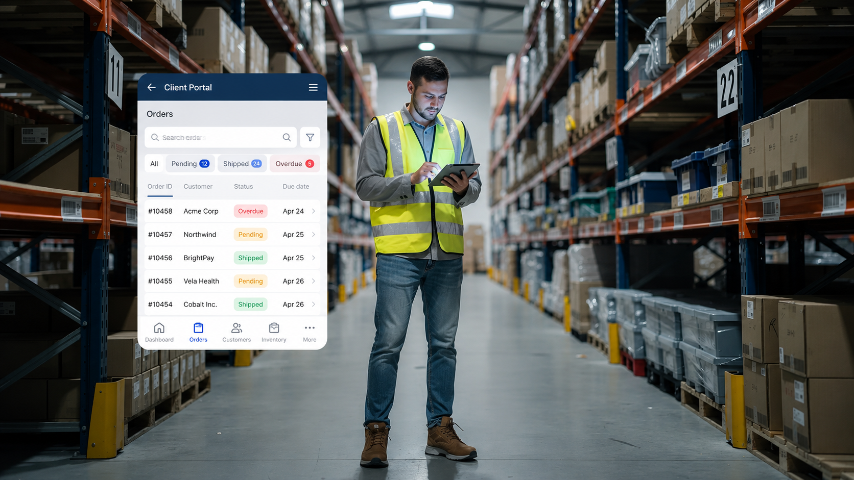 A person is using a tablet in a warehouse to scan inventory items, showcasing the integration of mobile apps and internal tools for efficient inventory management. The user interface enables them to manipulate data from multiple data sources seamlessly.