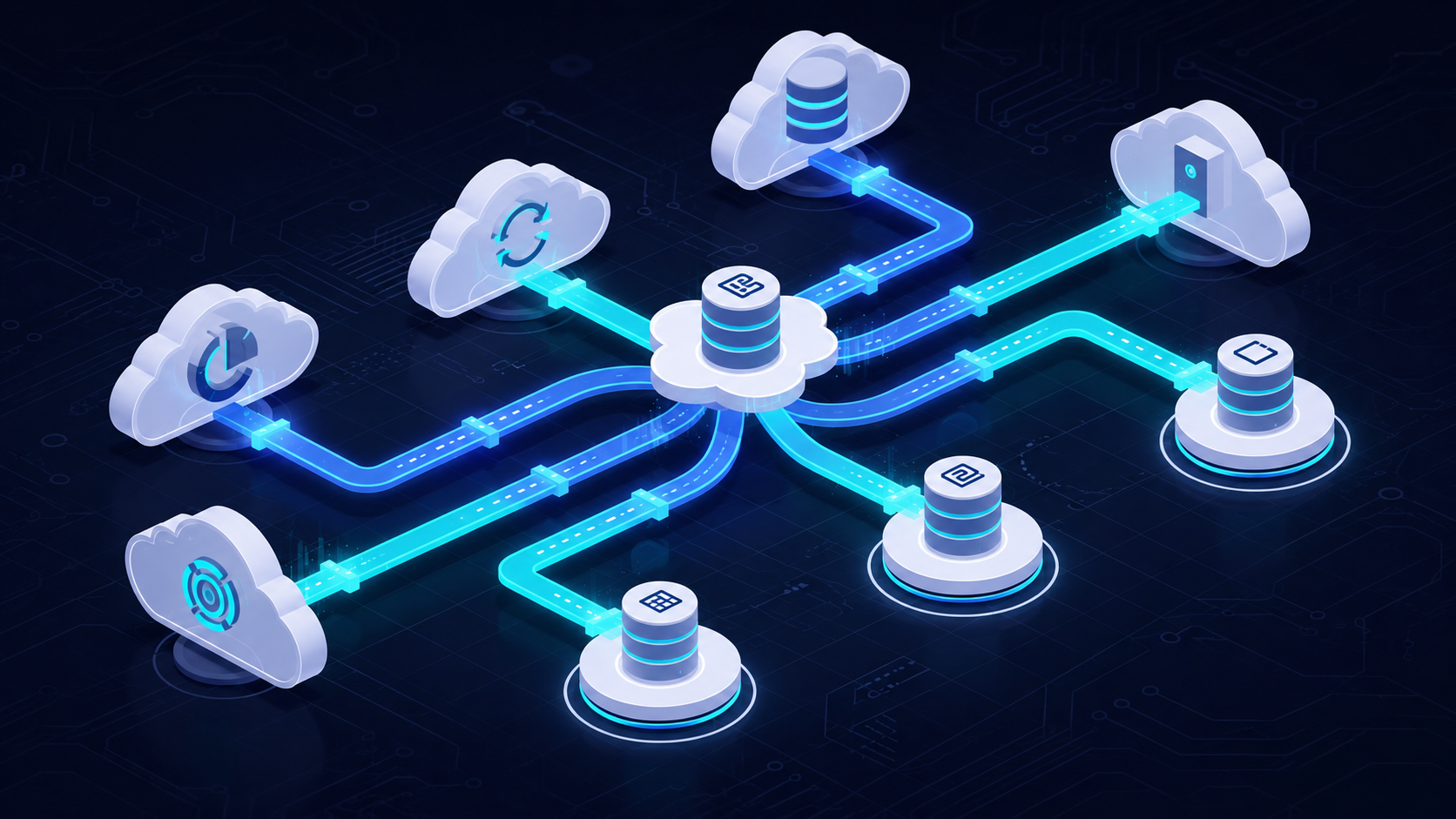 The image depicts interconnected data pipelines flowing seamlessly between multiple cloud databases, illustrating a network that enables users to build powerful custom apps without writing code. This visual representation highlights the integration of various data sources, showcasing how no code builders like Glide and Softr empower non-technical teams to create data-driven applications efficiently.
