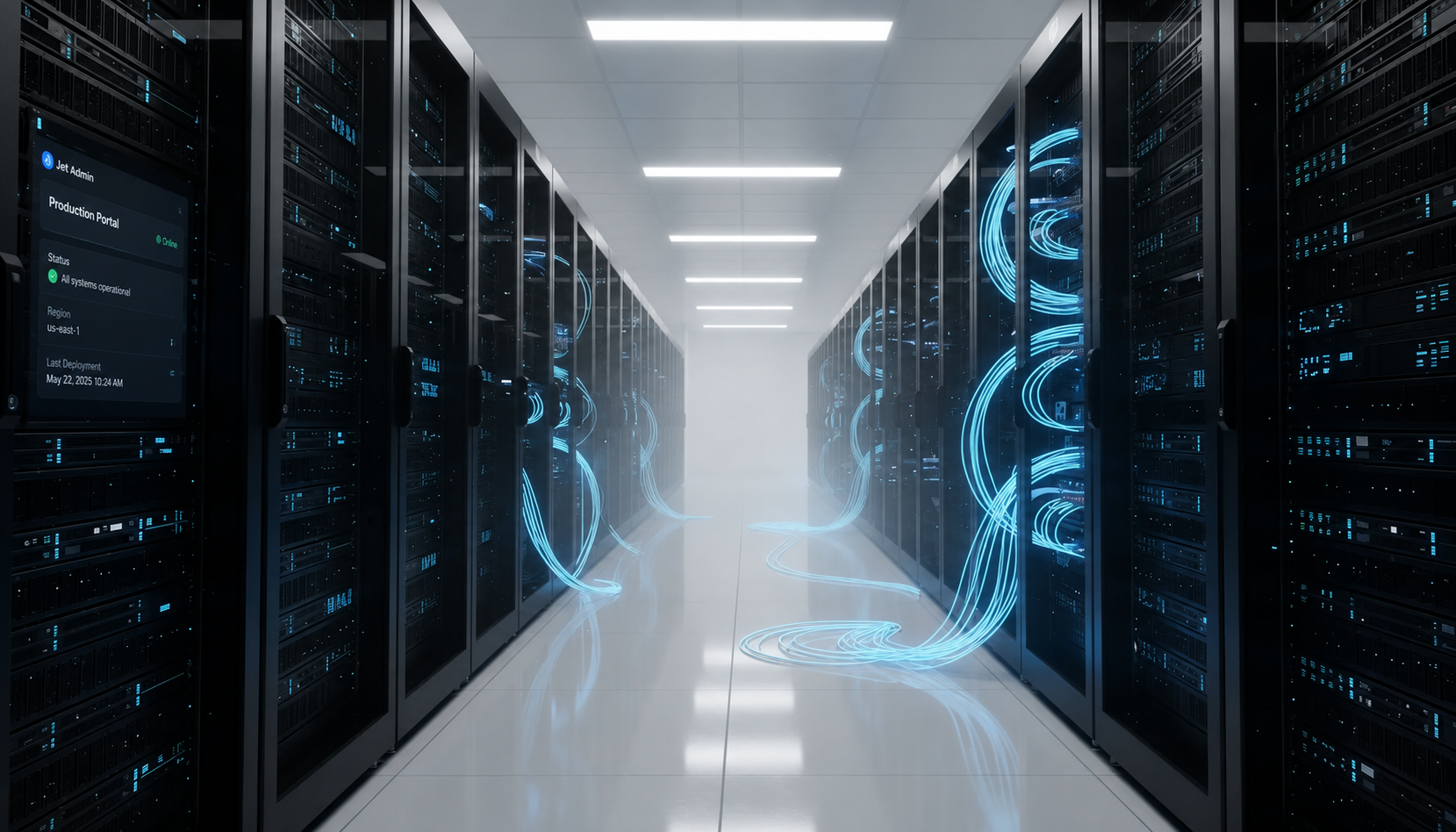 The image depicts a modern server room filled with rows of servers, featuring glowing blue network connections that symbolize data flow. This high-tech environment supports the development of powerful custom apps and web applications, enabling users to build data-driven applications with a no-code approach.