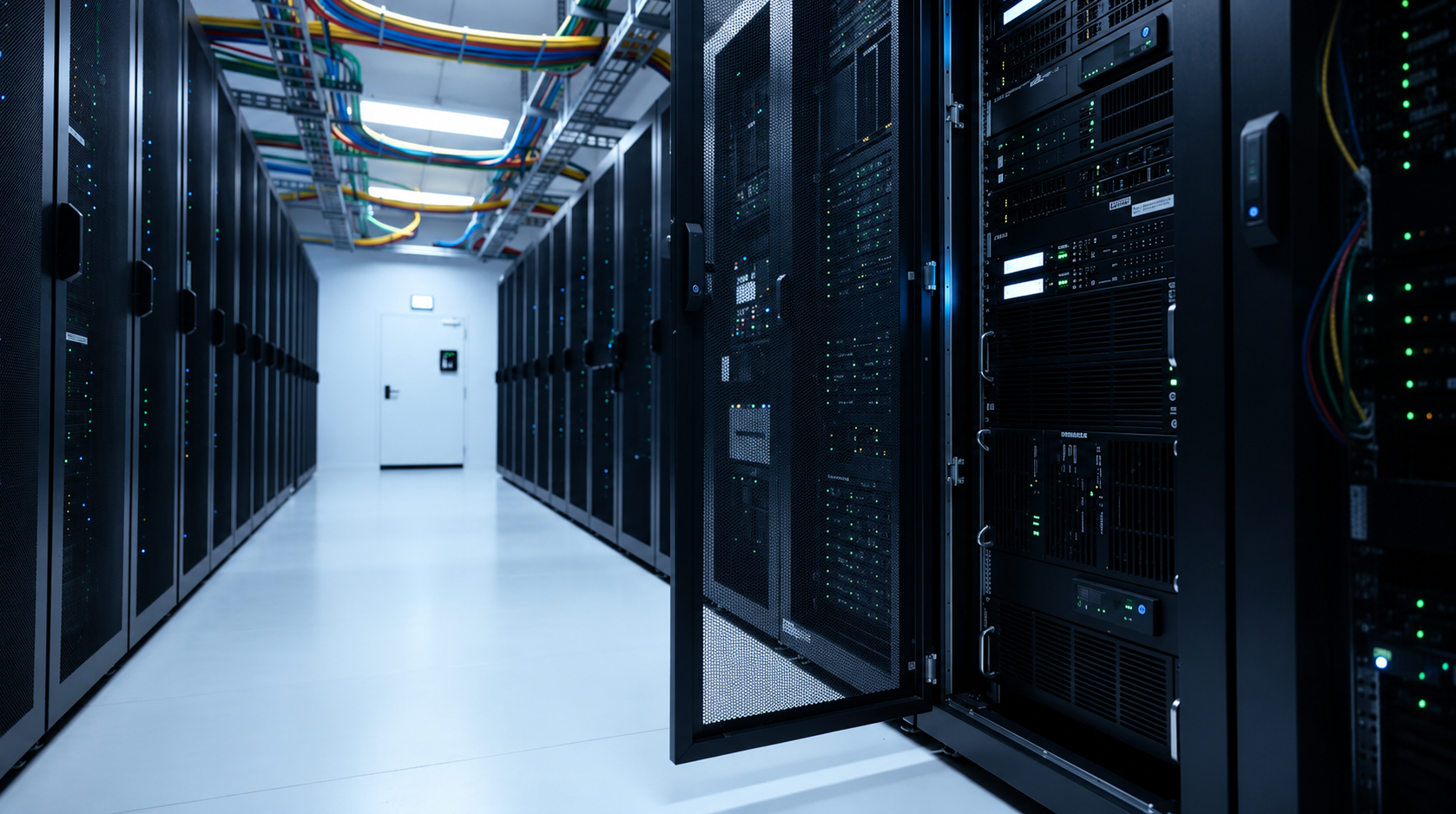The image depicts a secure server room filled with racks of servers, each equipped with blinking status lights, indicating active processes. This environment is crucial for hosting internal tools and apps, ensuring data security and supporting enterprise customers with features like role-based access control and workflow automation.