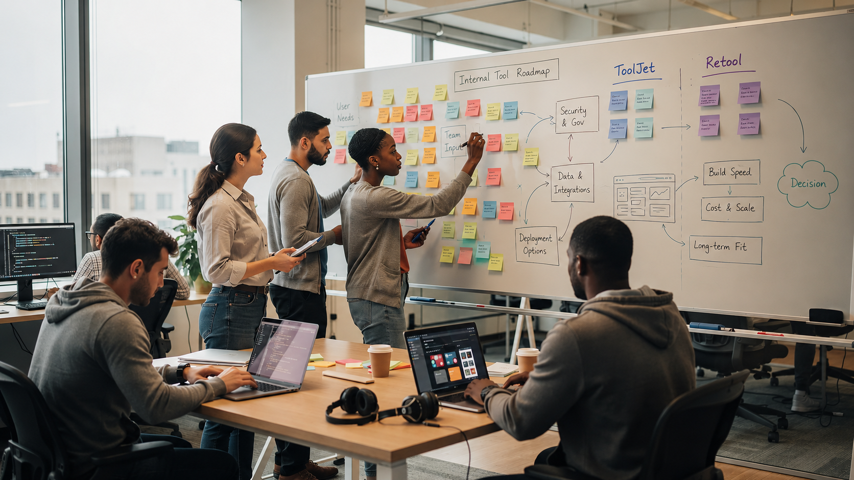 The image depicts a diverse team of developers collaborating around a whiteboard filled with colorful sticky notes, while laptops are open in front of them. They are engaged in discussions about internal tools and app building, emphasizing teamwork and the use of low code platforms for efficient app generation.
