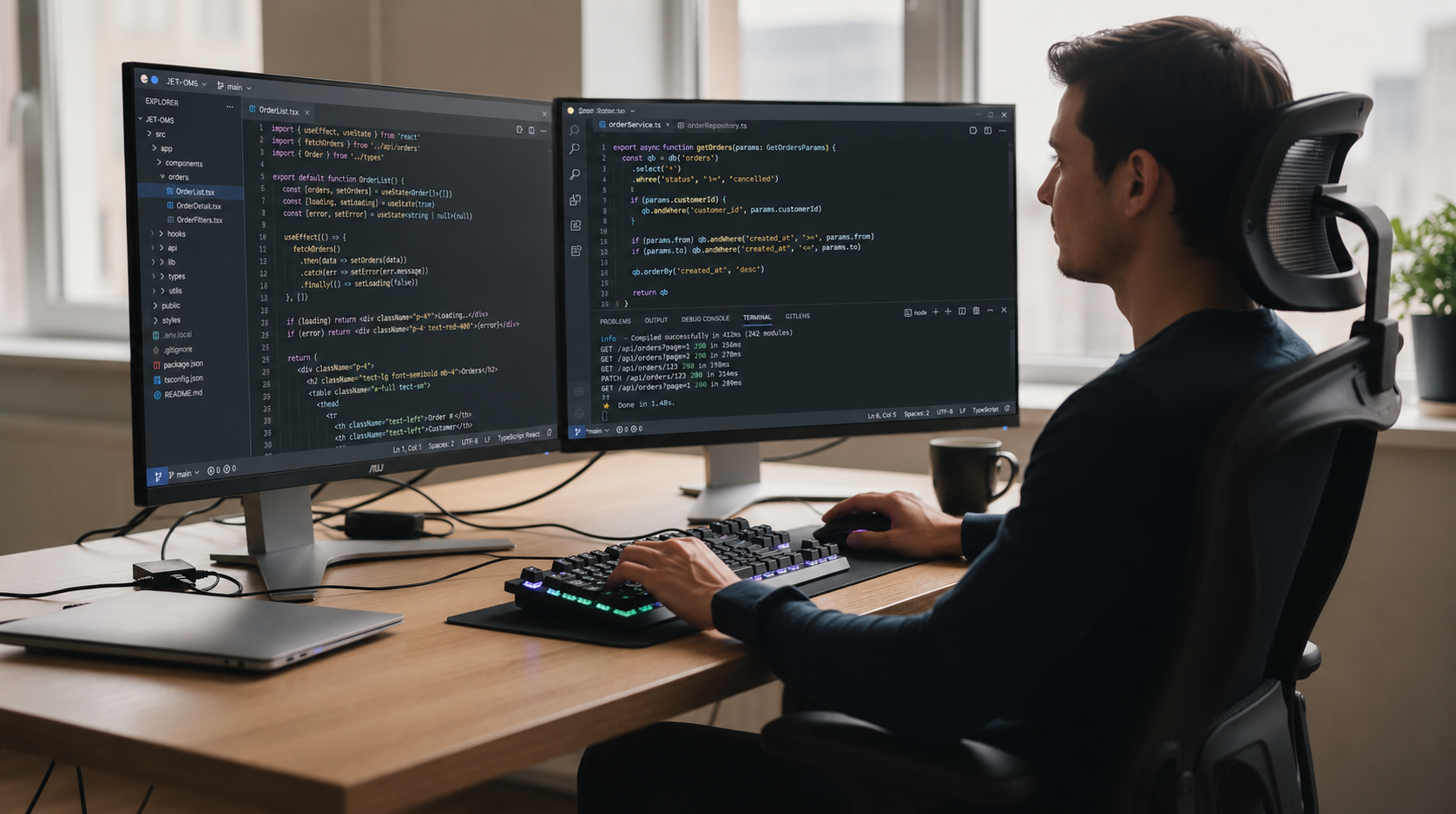 A developer is focused at a desk, utilizing dual monitors filled with multiple code editor windows, showcasing a dynamic coding flow state. This modern setup highlights the use of cutting-edge AI technology, enabling the developer to generate code faster and enhance code quality with AI-powered assistance.