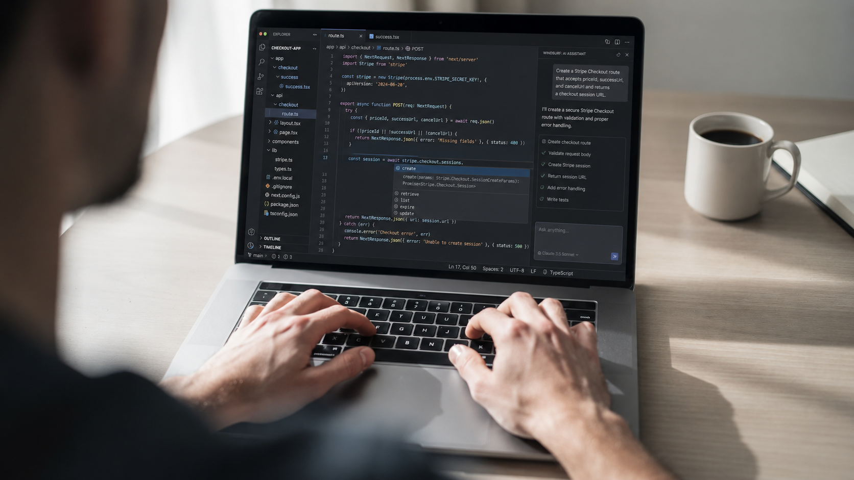 A person is actively typing on a laptop with lines of code visible on the screen, showcasing a development workflow enhanced by AI technology. This scene captures the essence of modern coding, where developers benefit from tools like the windsurf plugin to generate code faster and improve code quality.