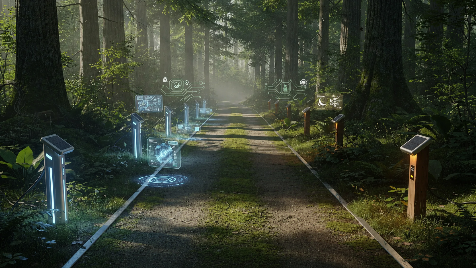 The image depicts two diverging paths through a lush forest, symbolizing different technology choices developers can make. One path leads towards a realm of cutting-edge AI technology and tools like the windsurf plugin, while the other represents traditional coding methods, emphasizing the importance of code quality and efficient development workflows.