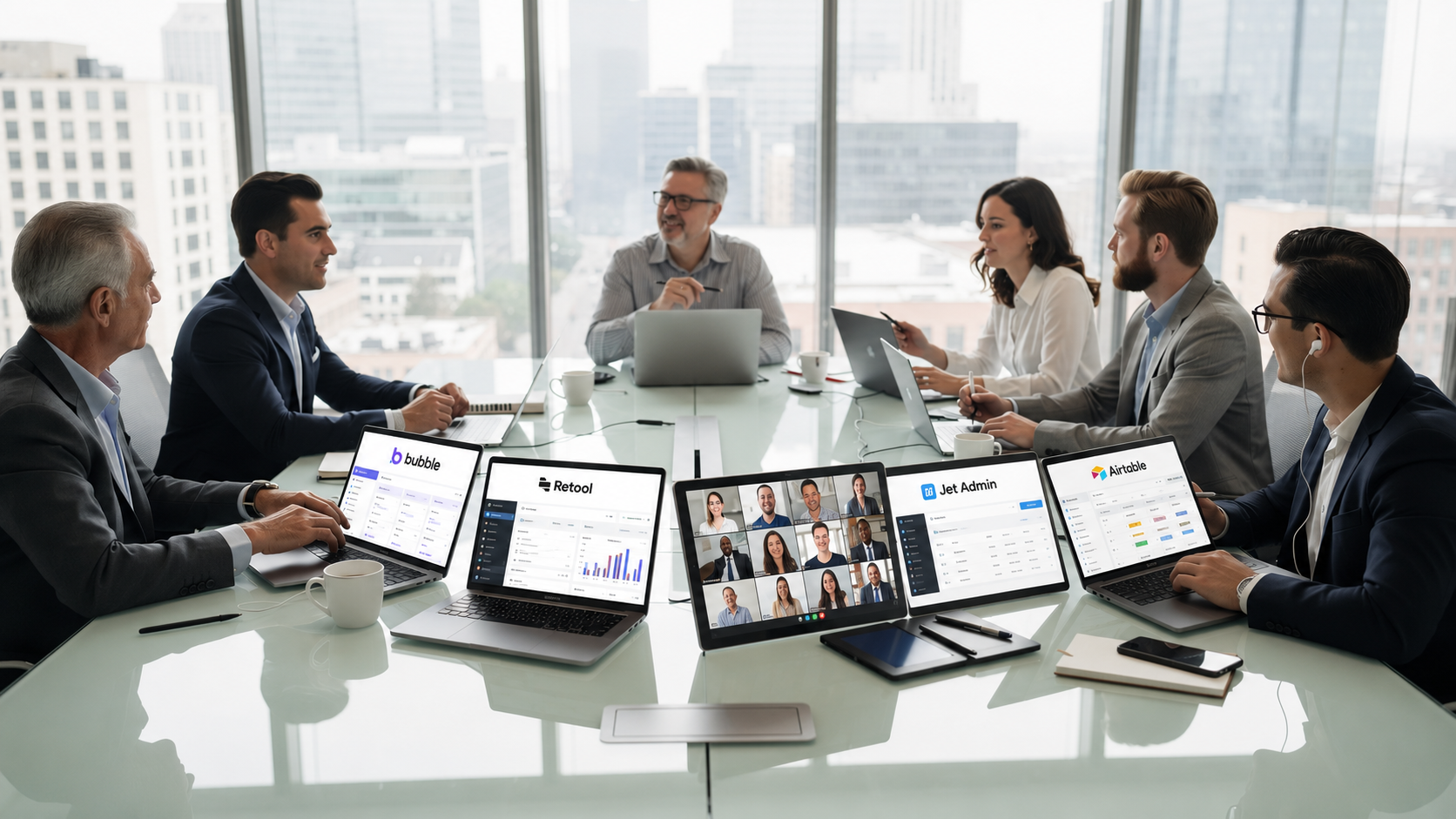 A diverse team of professionals is gathered around a conference table, collaborating on laptops and tablets displaying various application interfaces, likely discussing the development of customer-facing apps and exploring the features of an AI app builder. The atmosphere is focused and dynamic, highlighting the importance of teamwork in app creation and development.