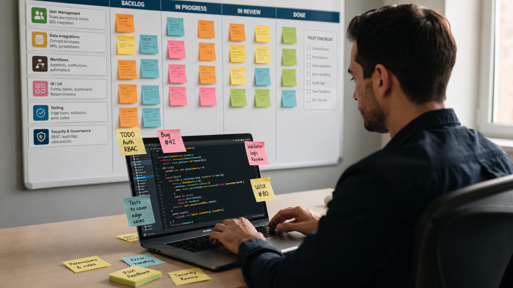 A developer is focused on reviewing code displayed on a laptop screen, surrounded by colorful sticky notes and a project board in the background, which likely outlines tasks related to app development and functional apps. This scene captures the essence of working on custom apps, possibly leveraging ai app building tools for efficient code generation and project management.