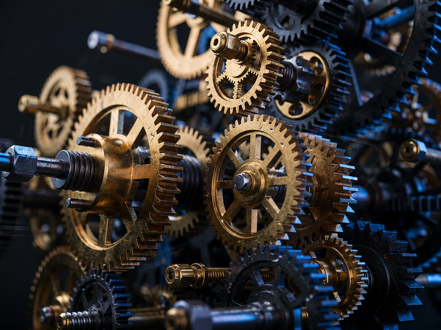 The image depicts a series of interconnected mechanical gears and cogs, symbolizing the collaborative nature of system components working together to create complex agents. This visual representation highlights the intricate mechanisms involved in building AI agents and executing complex tasks efficiently.