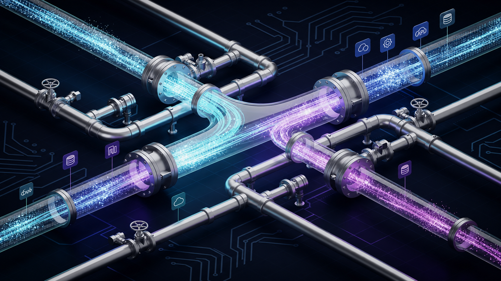 The image depicts a dynamic flow of data coursing through interconnected pipes and channels, symbolizing the concept of data integration. This visual representation highlights the complexity of workflows involved in building AI agents and executing tasks across various data sources.