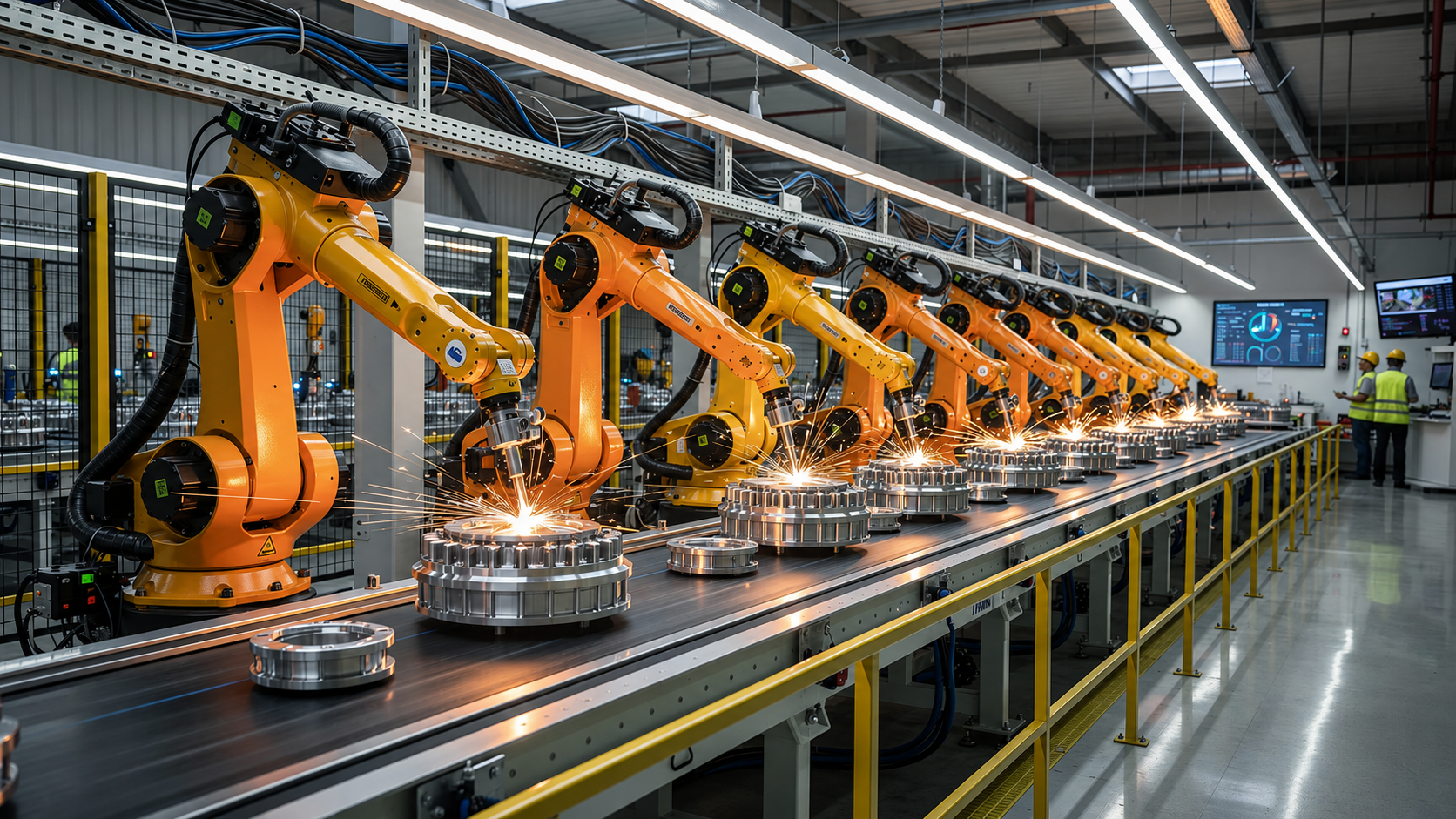 The image depicts a factory assembly line featuring automated robotic arms working in precise coordination to execute complex tasks. This scene highlights the efficiency of AI agents in manufacturing, showcasing how technology can streamline processes and enhance productivity.