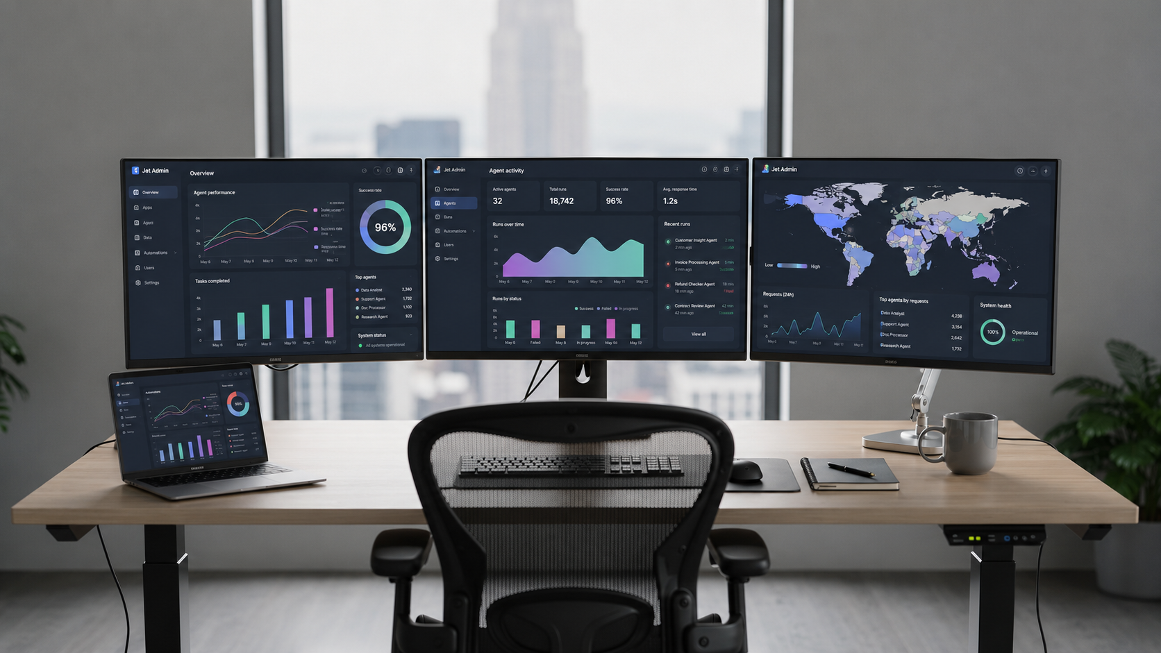 The image depicts a modern office workspace featuring multiple monitors, each displaying various dashboards and data visualizations, ideal for technical teams engaged in building AI agents and executing complex workflows. The setup reflects a focus on data-driven decisions and automation tools, showcasing a visual interface for creating custom AI agents.