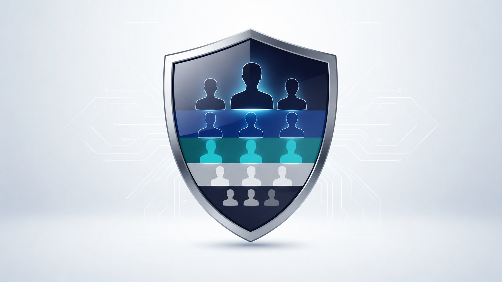 The image depicts a security shield with various user profile silhouettes, symbolizing different access levels within an app, highlighting the concept of user accounts and permissions in no code platforms. This visual representation emphasizes the importance of security and user management in building functional apps.