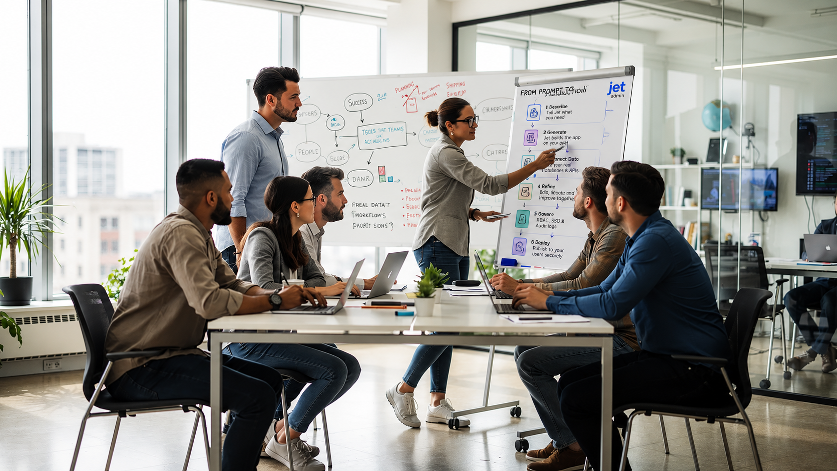 A diverse team of professionals collaborates around laptops and whiteboards in a modern office, brainstorming ideas for creating apps using no code tools. The environment is dynamic, filled with discussions about building functional apps and deploying them across various platforms.