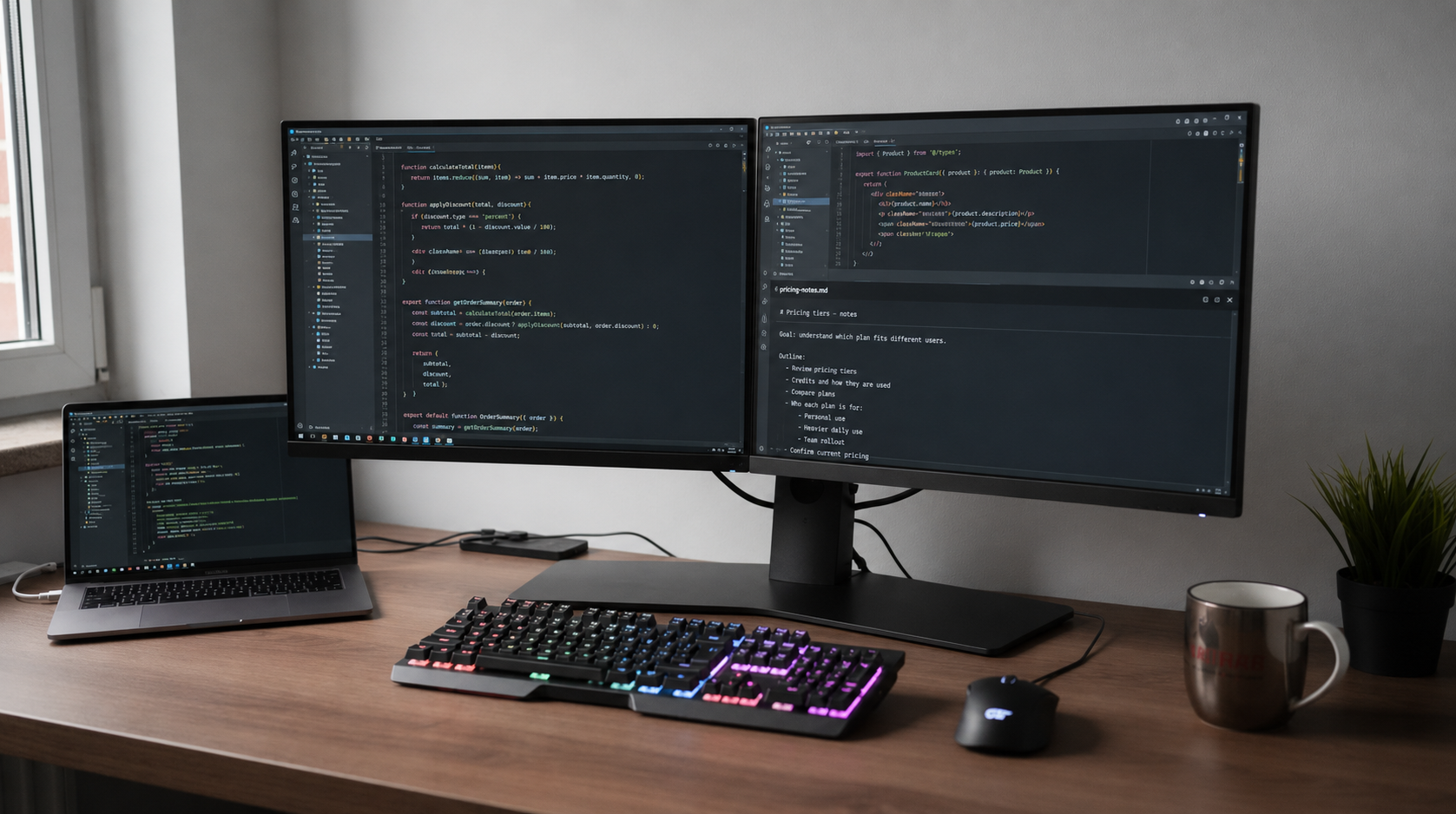 The image depicts a modern developer workspace featuring dual monitors, one displaying lines of code and the other a terminal window, highlighting the environment where active developers utilize AI code editors and engage in usage analytics. This setup is ideal for power users who benefit from features like unlimited tab completions and custom pricing plans tailored for both individual and business needs.