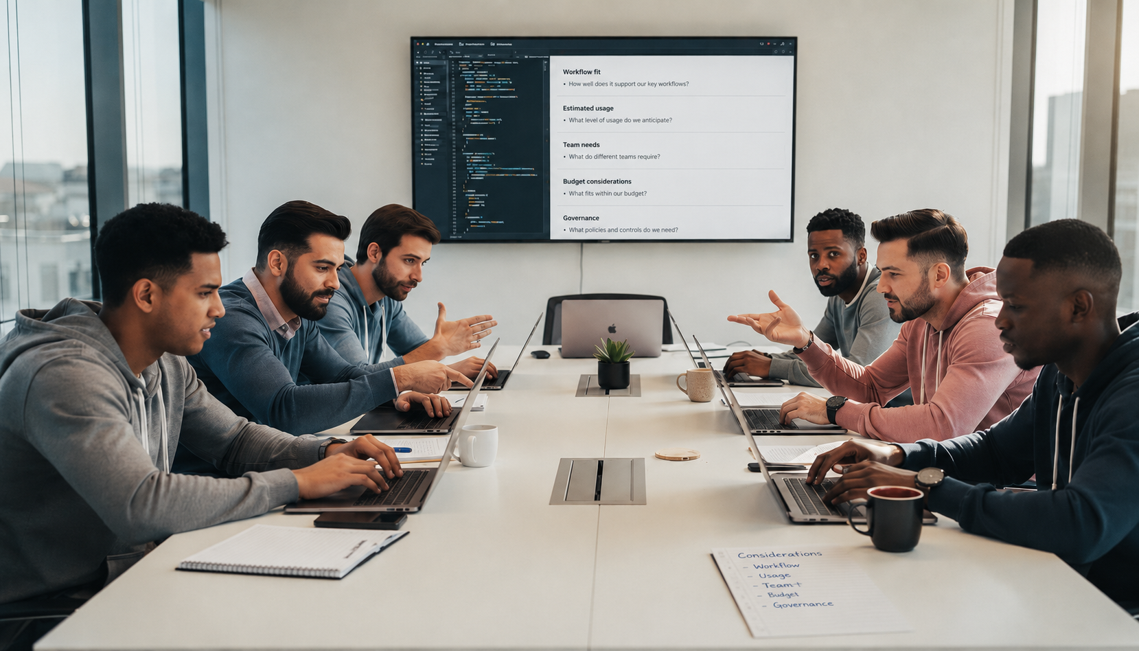 A diverse team of developers is gathered around a conference table, engaged in a lively discussion while pointing at their laptop screens. They are collaborating on coding projects, likely analyzing usage patterns and exploring new features of their AI code editor.
