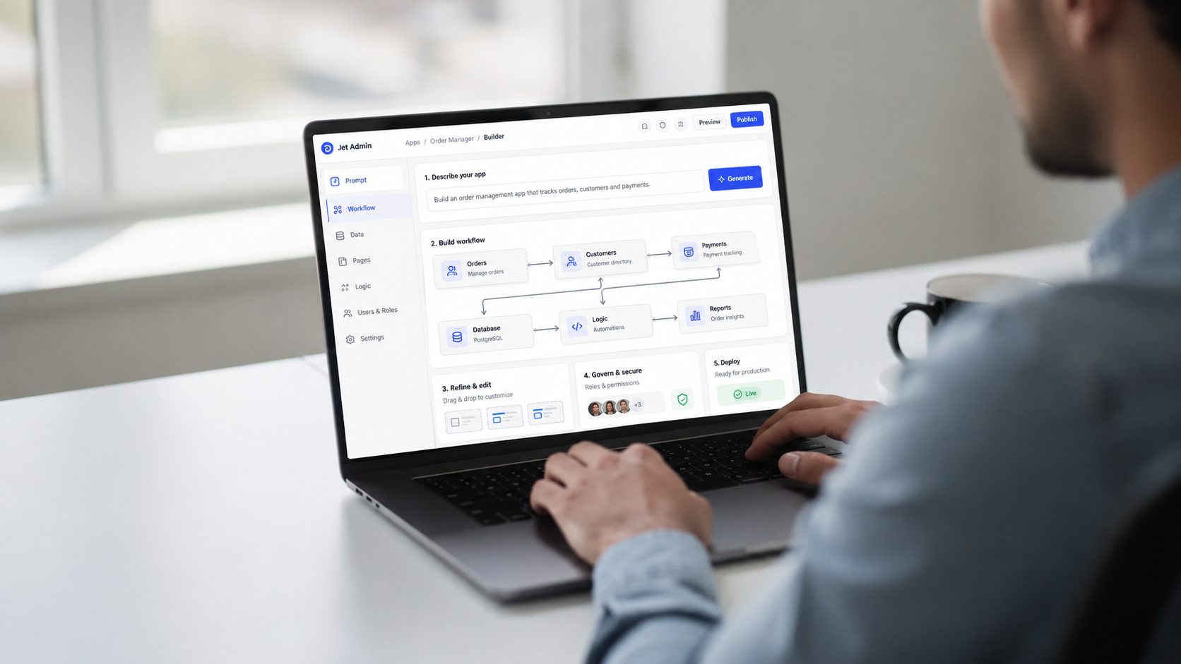 A person is focused on a laptop displaying a visual app builder interface, featuring connected data panels and drag and drop tools that facilitate the creation of mobile and web apps without writing code. This no code app builder allows users to design functional apps efficiently, making it ideal for developing custom applications and internal business tools.