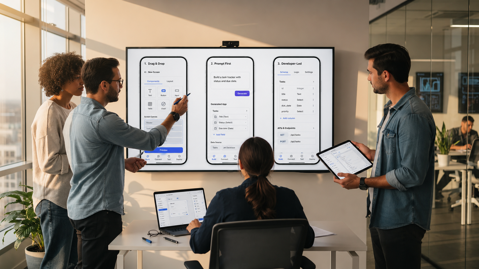 A diverse team collaborates in a modern office, intently reviewing app screens displayed on a large monitor. They are discussing features and designs for a mobile app, utilizing no code platforms to streamline the app building process.