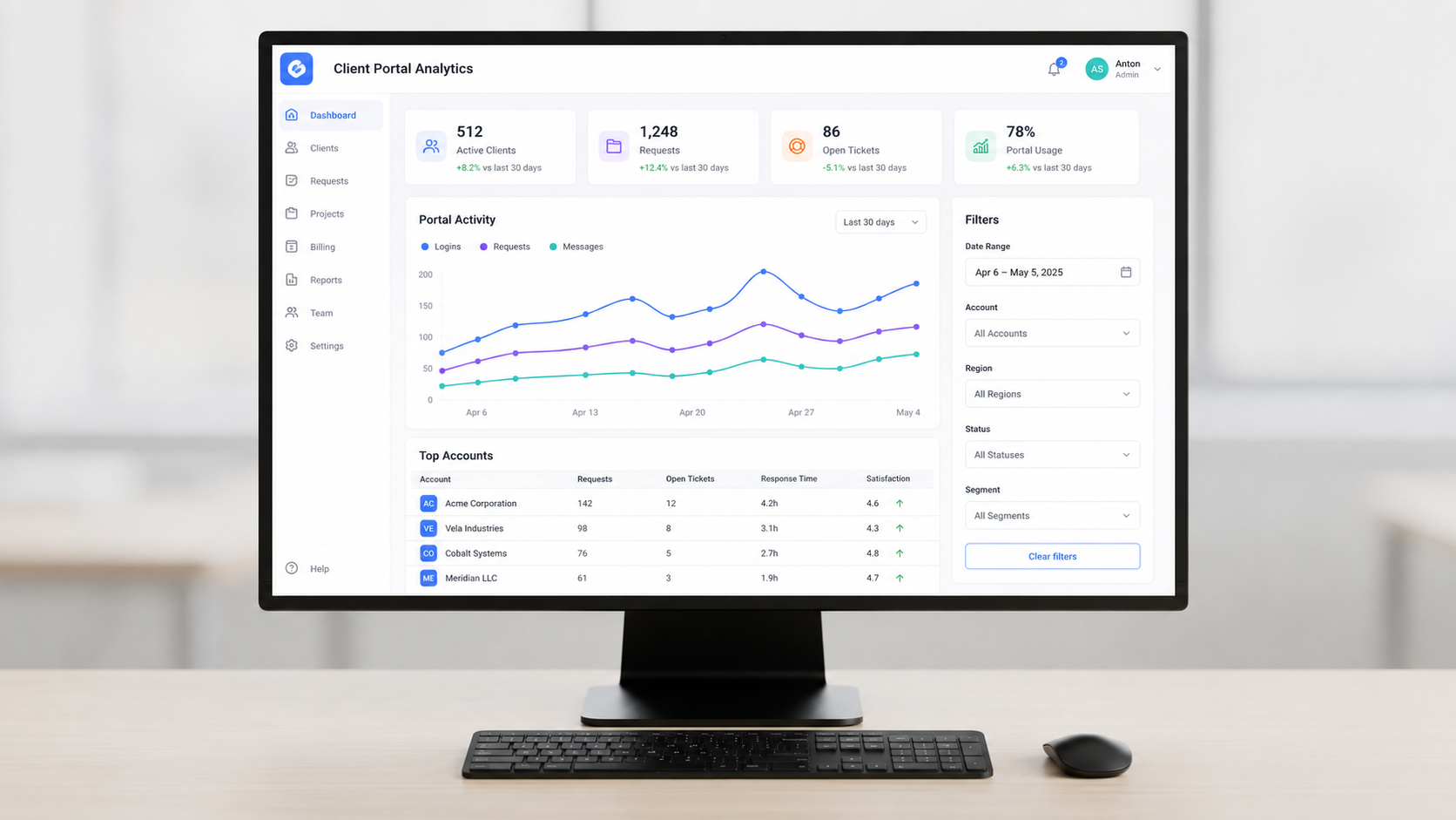 The image displays a dashboard interface on a desktop screen, featuring various charts, tables, and data filters designed for no code app builders. This layout showcases the potential for creating functional web apps and mobile apps without the need for writing code.