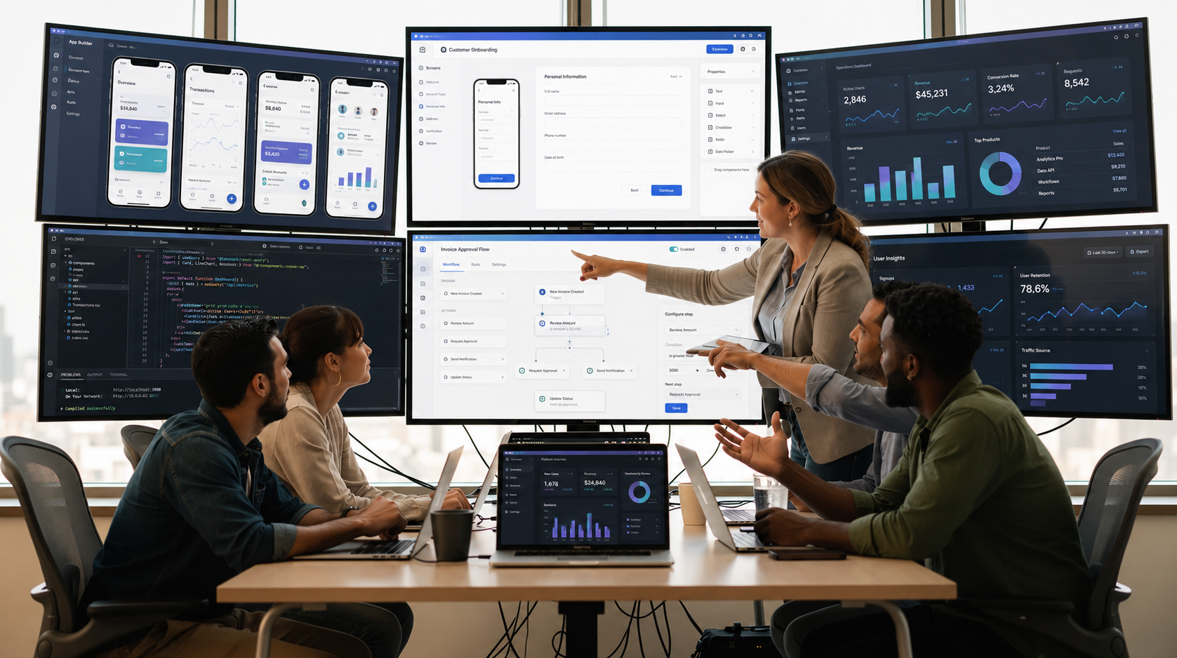 A team of engineers collaborates around large monitors, which showcase data dashboards and app interfaces, reflecting their focus on building internal tools and low code platforms. The environment is dynamic, emphasizing teamwork and the use of custom apps for workflow automation.