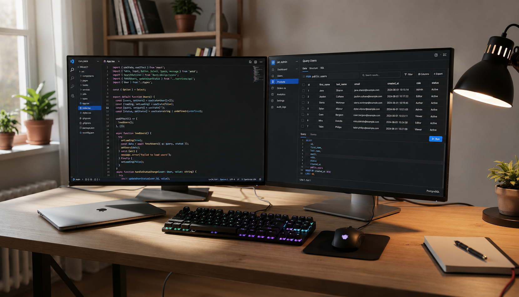 The image depicts a developer workspace featuring dual monitors, one displaying a code editor and the other showing database query results. This setup is ideal for building internal tools and custom apps, facilitating workflow automation and efficient data management.