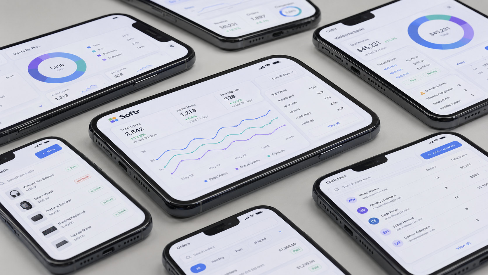 The image features multiple smartphones showcasing various mobile app interfaces, each with vibrant dashboards and data views. These interfaces highlight the capabilities of low code platforms and internal tools, designed for non-technical users to easily build custom apps and automate workflows.