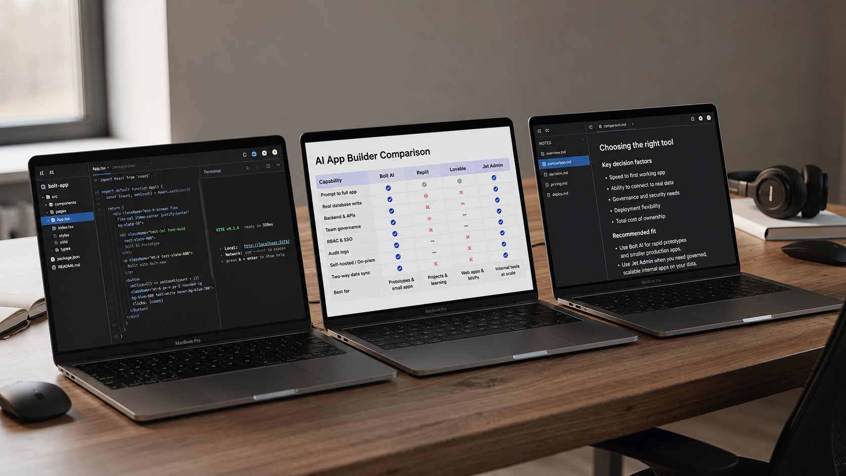 The image depicts a desk cluttered with multiple laptop screens, each showcasing various coding and design applications side by side, illustrating a collaborative environment for app development. The screens display a mix of code and design elements, highlighting the use of AI powered tools for generating production ready code and building complex applications.